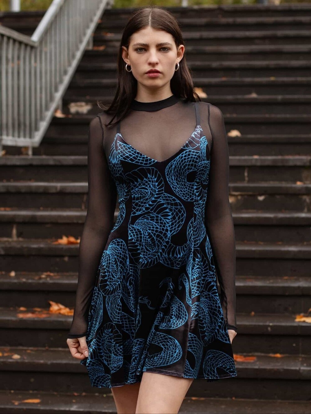 BlackMilk Velvet Skater Dress with Electric Blue Snake Print - Picture 2 of 7